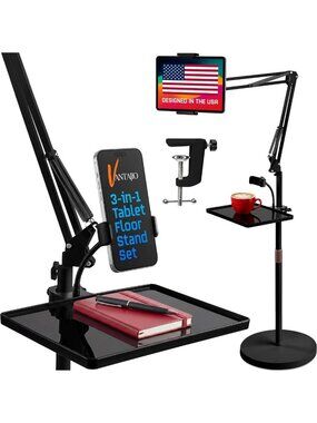 Adjustable Tablet Floor Stand with 12lb Weighted Base & Phone Holder - Black
